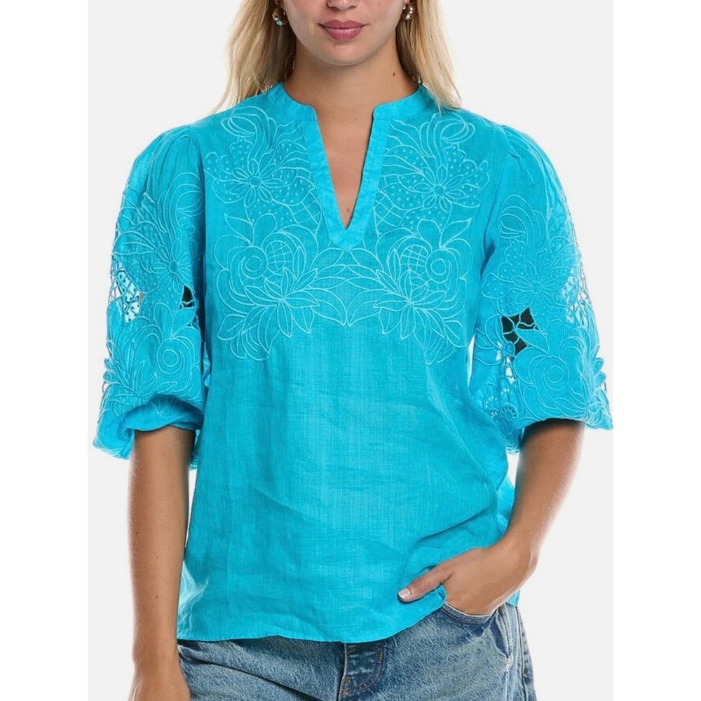 Johnny Was Jade Sadie Blouse Scuba Blue Ramie Embroidered Eyelet Top Medium